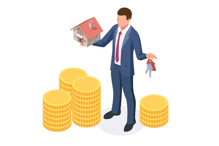 Isometric Real estate buying lending. Business real estate investment and financial. Buying a house can generate rental profit. It highlights ROI Return on Investment or mortgage.のイラスト素材