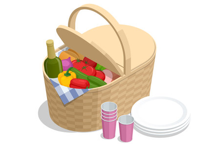Isometric Wicker Picnic Wooden Basket with Tableware, Food and Drink Picnicon on a white background.のイラスト素材