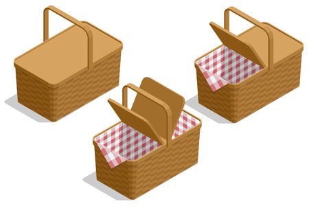 Isometric open or closed wicker picnic basket for carrying tableware, food, and drinks on a white background. It represents the idea of relaxation, a romantic meal, and a family weekend outing.のイラスト素材