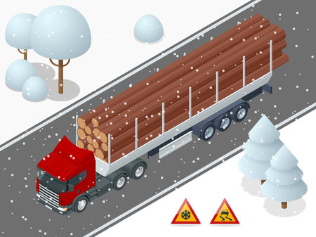 Isometric Truck with trailer loaded with tree trunks. powerful big rig day cab semi-truck is transporting a bundle of logs on a specialized trailer down the road.のイラスト素材