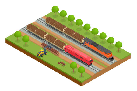 Isometric freight train loaded with pine trunks showcases a powerful locomotive hauling timber along the railway platform. Railway freight wagons, railway platform for timber transportationのイラスト素材