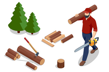 Isometric lumberjack male character holding an electric saw and wood log. The strong lumberjack carrying a piece of wood on his shoulderのイラスト素材