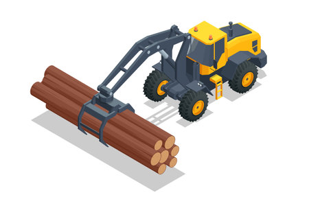 Isometric Log Loader. Loading equipment for logging. Log loader for timber, logs. The log loader moves a stack of pine logs. Lumber industry. Woodworking factory.のイラスト素材