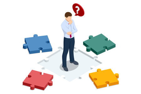 Isometric Business Puzzle.A man is thinking about how to create a profitable business. Teamwork and partnership. Business people join puzzle pieces. Doing businessのイラスト素材