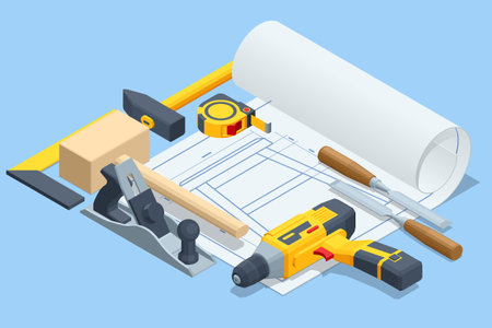 Isometric Carpentry tools or Woodworking tools. Miter box, Mallet, Tape measure, Chisel, Screwdriver and woodworkers plane carpentry chiselのイラスト素材
