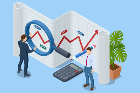 Isometric Professional analyzing financial data graphs, business analysis, analytics, research, strategy statistic, planning, marketing. Financial analysis or business evaluation conceptのイラスト素材