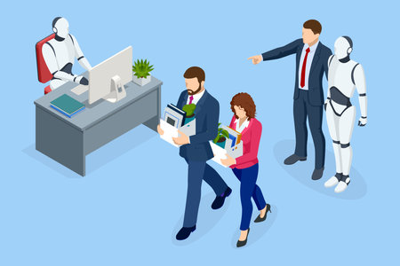 Isometric AI and robotics have replaced humans in workplaces, causing job losses and rising unemployment, particularly among business professionals. IT team of future. Futuristic worker.のイラスト素材