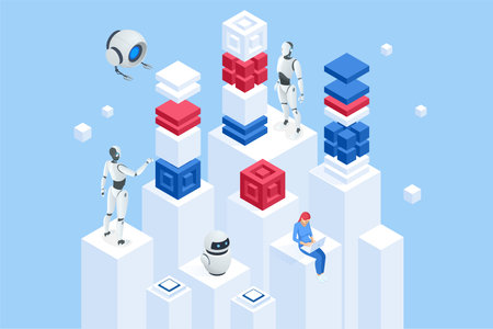 Isometric An AI-powered robot efficiently processes data for business analytics. It analyzes trends, generates insights, and optimizes decision-making processes.のイラスト素材