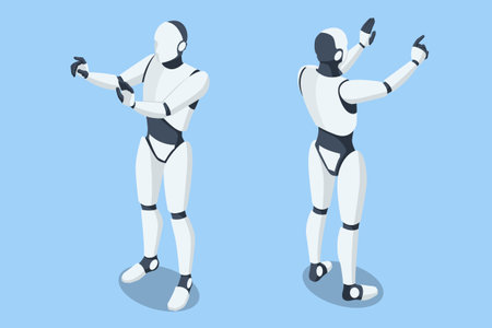Isometric robot with artificial intelligence operates within a virtual interface in a cybernetic environment, managing global business processes through machine learning. Robot cybernetic organismのイラスト素材