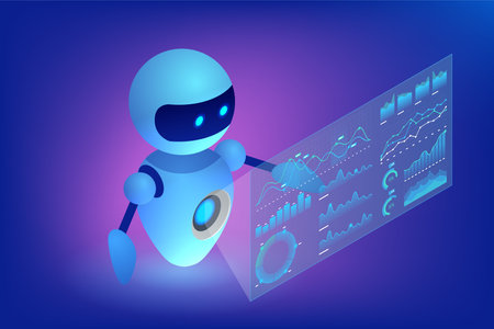 Isometric AI chatbot robot interacting with holographic data dashboards above a smartphone. Neon blue and purple gradients create a futuristic and tech-focused ambianceのイラスト素材