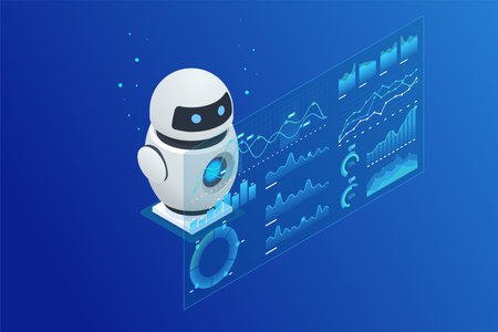 Isometric AI robot interacting with digital analytics interface, displaying KPIs and data insights. Robot analyzing data on holographic screen, featuring performance charts, graphsのイラスト素材