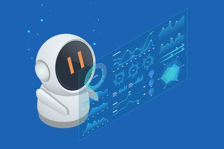 Isometric AI robot assisting a user with data visualization and reports on a digital screen, surrounded by technological elements. Automating Data Management Analytics and Business Reports with KPIsのイラスト素材