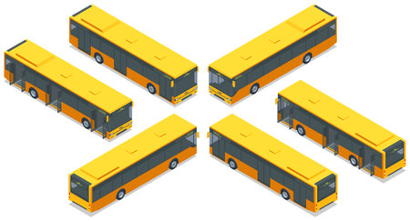 Yellow city buses. Isometric vector image of yellow city buses. Represents modern urban transit solutions, transportation, and public commuting systems. Passenger City Busのイラスト素材