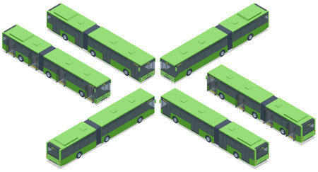 Green articulated city buses. Isometric vector illustration of green articulated city buses. Ideal for urban transportation, environmental concepts, and public transit systemsのイラスト素材