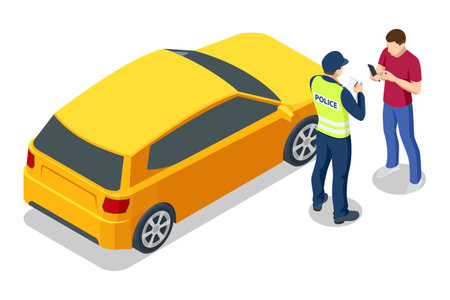 A traffic police officer checking documents of a driver near a yellow car. The interaction takes place on the road. Isometric vector styleのイラスト素材