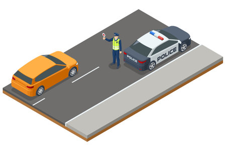 A police officer halts an orange car for a routine road check. A police car is parked nearby on a paved road. Isometric vector artworkのイラスト素材