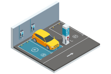 Isometric Electromobile charging station. Design of an electric car in a charging station within a parking facility. Features charging docks and clear road markings.のイラスト素材