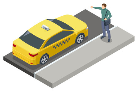 A man hails a yellow taxi on the street in an isometric vector style, representing urban mobility and ride-hailing services. Taxi transport, service. Taxi car.のイラスト素材