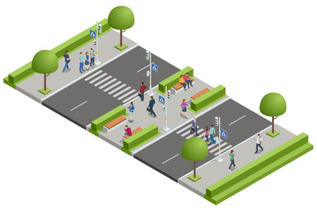 An isometric city design of multiple pedestrian crossings with vehicles stopping at signals. Pedestrians are walking, waiting, or crossing safely.のイラスト素材