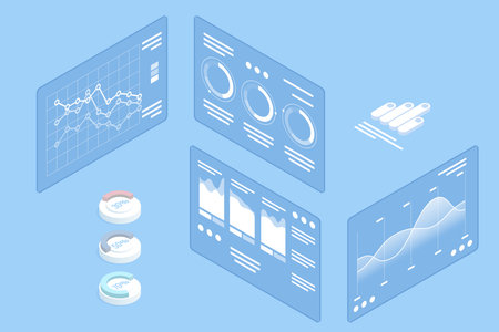Isometric illustration of digital data dashboards featuring graphs, pie charts, and analytics panels. Ideal for business reports, infographics, and performance analysis.のイラスト素材