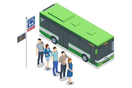Green city bus at a bus stop with passengers forming an orderly queue. The stop has a red marked bus lane and clear signage for bus routes.のイラスト素材