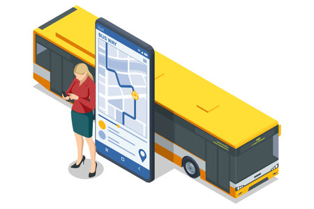 An isometric design showcasing a woman planning her bus journey via a mobile application alongside a large bus, symbolizing tech-integrated tourismのイラスト素材
