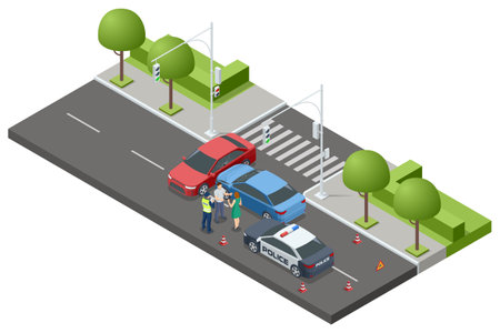 Car crash with two vehicles. Two cars collided at an intersection, with a police officer mediating between drivers. The scene includes a pedestrian crossing, traffic lights, and roadside greenery.のイラスト素材