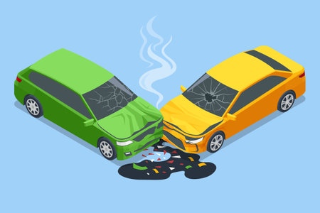 Car crash. Isometric vector of a collision between a green and yellow car, with smoke rising from the green car. Broken glass and oil spill visible on the groundのイラスト素材