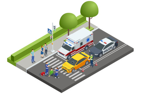 Isometric Car crash. A yellow car involved in an accident at a pedestrian crossing. Ambulance and police are on-site, with paramedics attending to an injured pedestrian.のイラスト素材