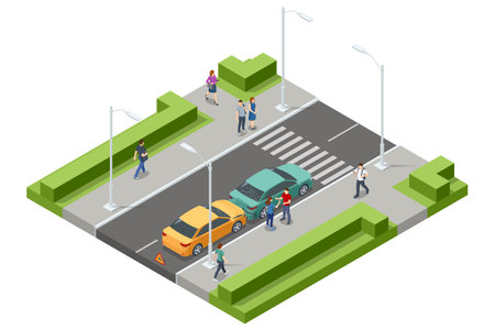 Isometric Car crash with two vehicles. Two cars crashed at an intersection with bystanders and damaged vehicles. The incident occurred in a vibrant urban environment.のイラスト素材