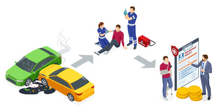 A timeline of a car accident involving a green and a yellow vehicle, followed by medical aid, and an insurance claim process with a professional. Isometric vector illustration.のイラスト素材