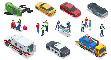 Isometric vector illustration showing an accident scene with an ambulance, police, injured victims, overturned cars, and authorities assessing the situationのイラスト素材