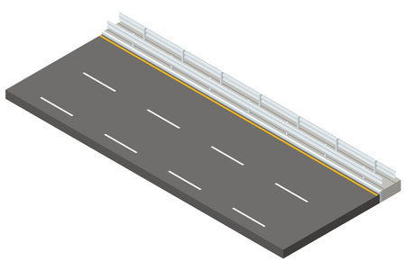 Isometric vector illustration of a highway section with lane markings and a metal guardrail. The road appears elevated, resembling a bridge or an overpassのイラスト素材