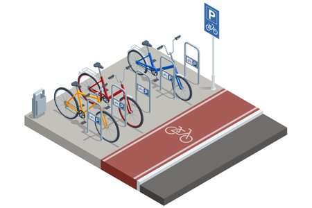 Isometric vector illustration of a bike parking area with a red cycling lane and metal racks holding multiple bicycles.のイラスト素材