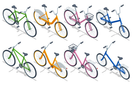 An isometric illustration of a set of urban bicycles in various colors and designs, including step-through, commuter, and city bikes. Perfect for urban transport and bike-sharing.のイラスト素材