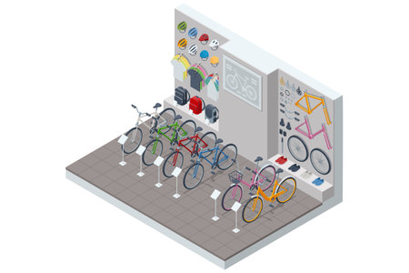 An isometric, vector illustration of a bicycle shop with a variety of bicycles, spare parts, and cycling accessories on display for customers.のイラスト素材
