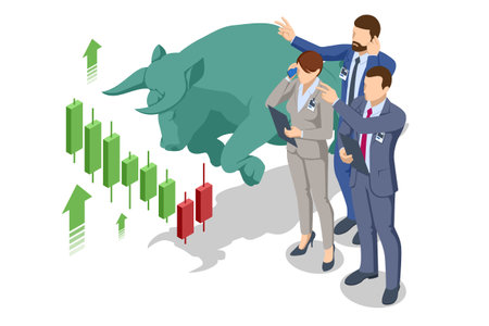 An isometric vector illustration of stock brokers with a large green bull and rising stock charts, symbolizing a bullish market trend. Bull market, stock growth, financial successのイラスト素材