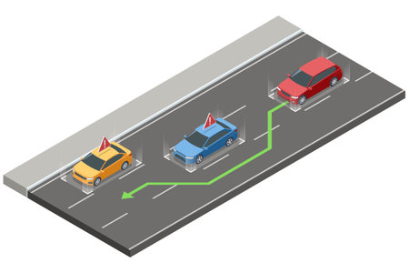 Isometric passenger vehicle passes another car on the highway. Illustration of the overtaking process on the road, highlighting traffic regulations and driving laws.のイラスト素材