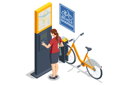 An isometric, vector illustration of a woman using a bike-sharing kiosk with a city map. She stands near an orange bicycle, preparing to rent it.のイラスト素材