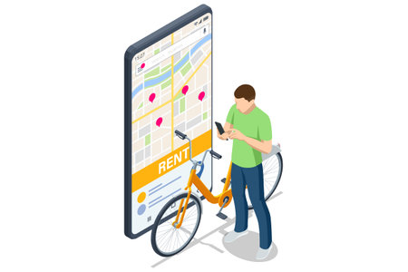 Bike rental. An isometric, vector illustration of a man using a phone app in front of a giant map screen labeled Rent, next to his orange bicycle, ready for a shared rideのイラスト素材