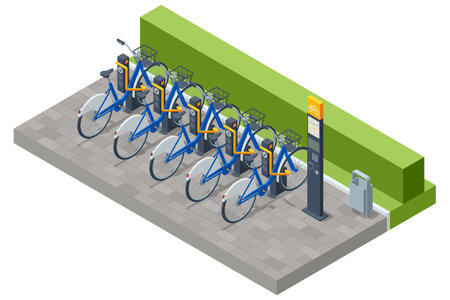 Bike rental. An isometric, vector illustration of a bicycle-sharing station with blue bikes in docking units, plus a payment kiosk featuring a city map for quick rentalsのイラスト素材