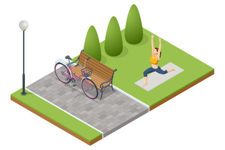 An isometric vector illustration of a woman practicing yoga beside a park bench and a pink bicycle, highlighting a peaceful 3D outdoor wellness and fitness scene.のイラスト素材