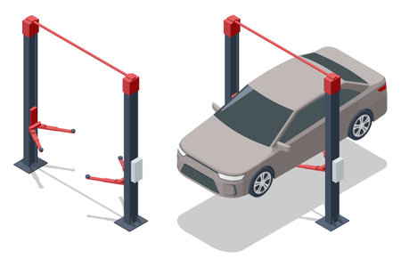 Isometric two-post car lift illustration. A gray sedan is raised by four adjustable arms. The design highlights sturdy pillars and overhead support bar.のイラスト素材