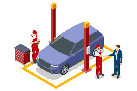 Isometric scene with two red-uniformed mechanics and a businessman shaking hands by a blue car. Another mechanic checks a tablet. The vehicle is on a service platform.のイラスト素材
