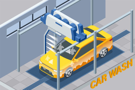 Isometric yellow car is inside an automatic car wash tunnel. Large rotating brushes and hanging strips clean the vehicle. The system is fully automated for convenience and efficiency.のイラスト素材