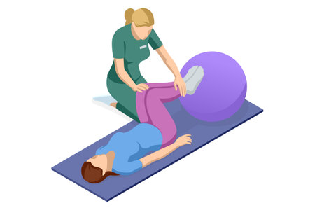 Isometric vector illustration of rehabilitation exercise with therapist helping female patient lying on mat with fitness ball, focusing on legs and core muscles.のイラスト素材