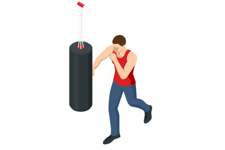 Isometric vector illustration of an athletic man punching a boxing bag. Boxing training, martial arts, fitness exercise, strength workout concept. Athletic lifestyle, sports equipment.のイラスト素材