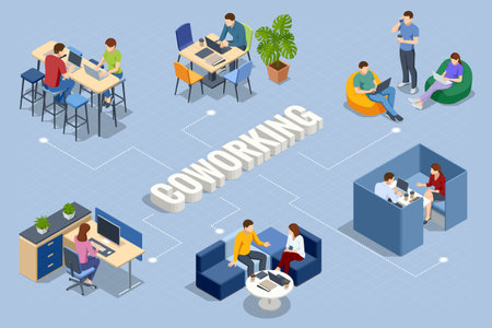 Coworking network concept with various teams working in modern office spaces. Isometric vector illustration.のイラスト素材