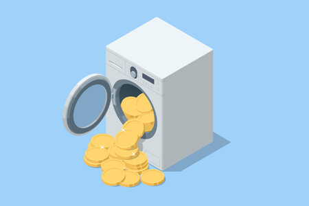 Isometric vector of a washing machine spilling gold coins, symbolizing money laundering. Illegal money metaphor for financial crime and launderingのイラスト素材