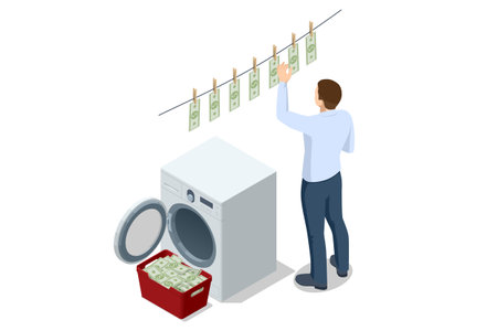 Isometric vector of a man hanging dollar bills on a line after washing them, representing the metaphor of money laundering and financial crime. Illegal money metaphor for financial crime and launderingのイラスト素材